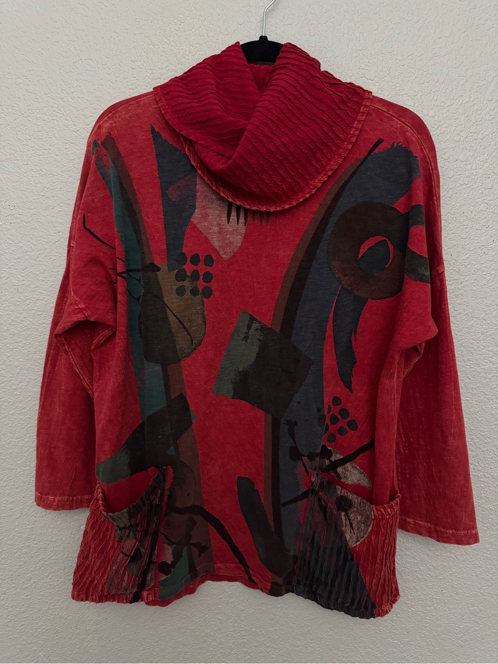 Jess & Jane Red Mineral Wash Abstract Cowl Neck Tunic Pockets Lagenlook Medium